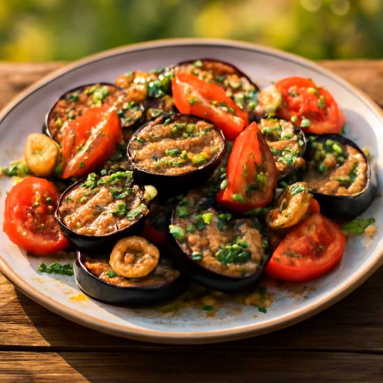 Вкусный салат из жареных баклажанов с помидорами и чесноком — Рецепт на каждый день Вкусный салат из жареных баклажанов с помидорами и чесноком — Рецепт на каждый день